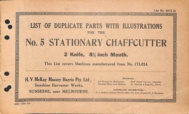 Manual - Sunshine Harvester McKay Massey Harris - List of duplicate parts with illustrations for the No 5 Stationary Chaffcutter