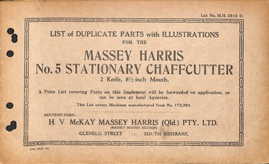 Manual - Sunshine Harvester McKay Massey Harris - List of duplicate parts with illustrations for the Massey Harris No 5 Stationary Chaffcutter