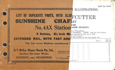 Manual - Sunshine Harvester McKay Massey Harris - List of duplicate parts with illustrations for the Sunshne Chaffcutter No 4AX Stationary