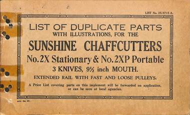Manual - Sunshine Harvester McKay Massey Harris - List of duplicate parts with illustrations for the Sunshine Chaffcutter No 2X Stationary & No 2XP Portable