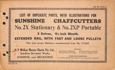 Manual - Sunshine Harvester McKay Massey Harris - List of duplicate parts with illustrations for the Sunshine Chaffcutter No 2X Stationary & No 2XP Portable
