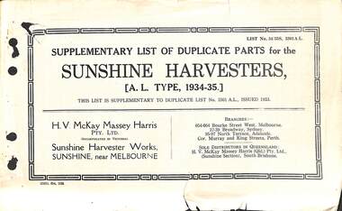 Manual - Sunshine Harvester McKay Massey Harris - List of duplicate parts with illustrations for the Sunshine Harvesters AL Type 1934-35 Supplementary List