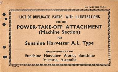 Manual - Sunshine Harvester McKay Massey Harris - List of duplicate parts with illustrations for the Power Takeoff Attachment Machine Section For Sunshine Harvester AL