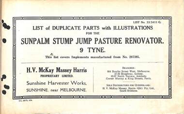 Manual - Sunshine Harvester McKay Massey Harris - List of duplicate parts with illustrations for the Sunpalm Stump Jump Pasture Renovator 9 Tyne