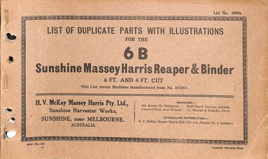Manual - Sunshine Harvester McKay Massey Harris - List of duplicate parts with illustrations for the Sunshine Massey Reaper & Binder 6 Ft & 8 Ft Cut