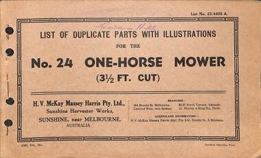 Manual - Sunshine Harvester McKay Massey Harris - List of duplicate parts with illustrations for the No 24 One Horse Mower 3.5 Ft Cut