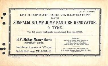 Manual - Sunshine Harvester McKay Massey Harris - List of duplicate parts with illustrations for the Sunpalm Stump Jump Pasture Renovator 9 Tyne