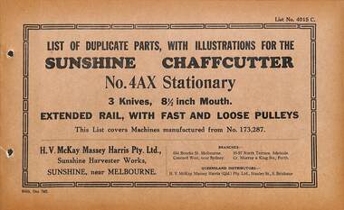 Manual - Sunshine Harvester McKay Massey Harris - List of duplicate parts with illustrations for the Sunshine Chaffcutter No 4AX Stationary 3 Knives 8.5 Inch Mouth