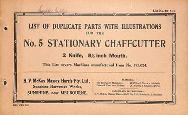 Manual - Sunshine Harvester McKay Massey Harris - List of duplicate parts with illustrations for the No 5 Stationary Chaffcutter 2 Knife 8.5 Inch Mouth