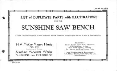 Manual - Sunshine Harvester McKay Massey Harris - List of duplicate parts with illustrations for the Sunshine Saw Bench