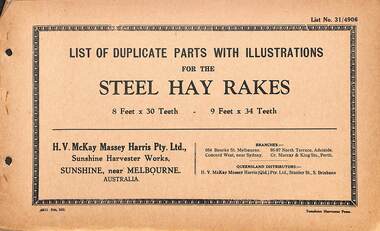 Manual - Sunshine Harvester McKay Massey Harris - List of duplicate parts with illustrations for the Steel Hay Rakes 8 Ft x 30 Teeth & 9 Ft 34 Teeth