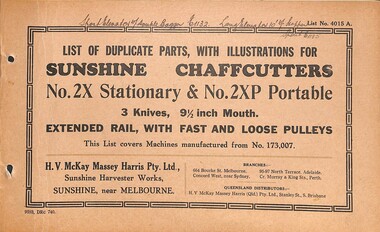 Manual - Sunshine Harvester McKay Massey Harris - List of duplicate parts with illustrations for the Sunshine Chaffcutters No 2X Stationary & No 2XP Portable