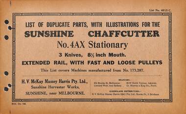 Manual - Sunshine Harvester McKay Massey Harris - List of duplicate parts with illustrations for the Sunshine Chaffcutter No 4AX Stationary 3 Knives 8.5 Inch Mouth