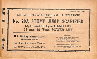 Manual - Sunshine Harvester McKay Massey Harris - List of duplicate parts with illustrations for the No 20A Stump Jump Scarifier