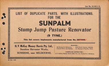 Manual - Sunshine Harvester McKay Massey Harris - List of duplicate parts with illustrations for the Sunpalm Stump Jump Pasture Renovator 9 Tyne