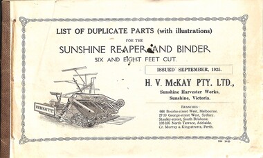 Manual - Sunshine Harvester McKay Massey Harris - List of duplicate parts with illustrations for the Sunshine Reaper And Binder Six And Eight Feet Cut