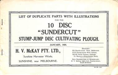 Manual - Sunshine Harvester McKay Massey Harris - List of duplicate parts with illustrations for the 10 Disc Sundercut Stump Jump Disc Cultivating Plough