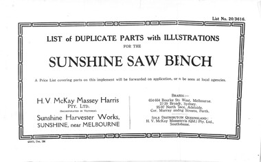 Manual - Sunshine Harvester McKay Massey Harris - List of duplicate parts with illustrations for the Sunshine Saw Bench