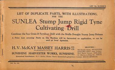 Manual - Sunshine Harvester McKay Massey Harris - List of duplicate parts with illustrations for the Sunlead Stump Jump Rigid Tyne Cultivating Drill