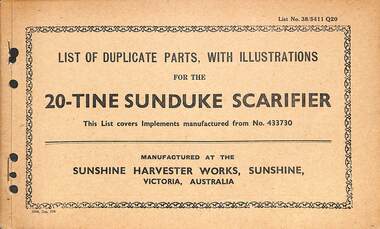 Manual - Sunshine Harvester McKay Massey Harris - List of duplicate parts with illustrations for the 20 Tine Sunduke Scarifier