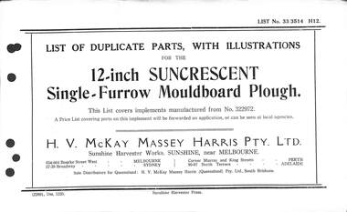 Manual - Sunshine Harvester McKay Massey Harris - List of duplicate parts with illustrations for the 12 Inch Suncrescent Single Furrow Mouldboard Plough