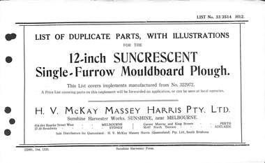Manual - Sunshine Harvester McKay Massey Harris - List of duplicate parts with illustrations for the 12 Inch Suncrescent Single Furrow Mouldboard Plough