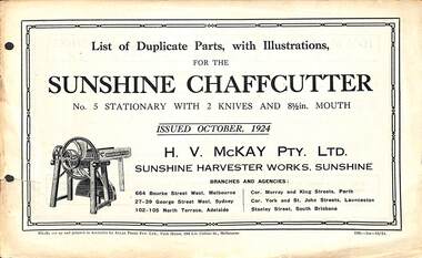 Manual - Sunshine Harvester McKay Massey Harris - List of duplicate parts with illustrations for the Sunshine Chaffcutter No 4 Stationary 2 Knife 8.5 Inch Mouth