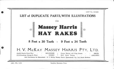 Manual - Sunshine Harvester McKay Massey Harris - List of duplicate parts with illustrations for the Massey Harris Hay Rake 8 Feet 30 Teeth & 9 Feet 34 Teeth