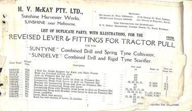 Manual - Sunshine Harvester McKay Massey Harris - List of duplicate parts with illustrations for the Reversed Lever & Fittings For Tractor Pull Suntyne & Sundelve