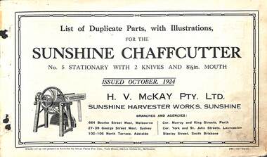 Manual - Sunshine Harvester McKay Massey Harris - List of duplicate parts with illustrations for the Sunshine Chaffcutter No 5 Stationary With 2 Knifes And 8.5 In Mouth