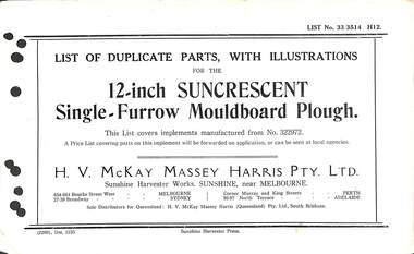 Manual - Sunshine Harvester McKay Massey Harris - List of duplicate parts with illustrations for the 12 Inch Suncrescent Single Furrow Mouldboard Plough