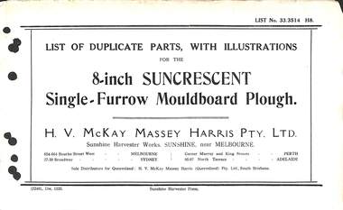 Manual - Sunshine Harvester McKay Massey Harris - List of duplicate parts with illustrations for the 8 Inch Suncrescent Single Furrow Mouldboard Plough