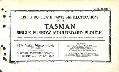 Manual - Sunshine Harvester McKay Massey Harris - List of duplicate parts with illustrations for the Tasman Single Furrow Mouldboard Plough