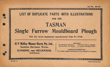Manual - Sunshine Harvester McKay Massey Harris - List of duplicate parts with illustrations for the Tasman Single Furrow Mouldboard Plough