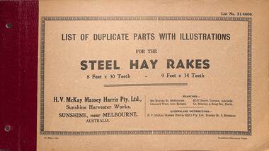 Manual - Sunshine Harvester McKay Massey Harris - List of duplicate parts with illustrations for the Steel Hay Rakes 8 Feet 30 Teeth & 9 Feet 34 Teeth