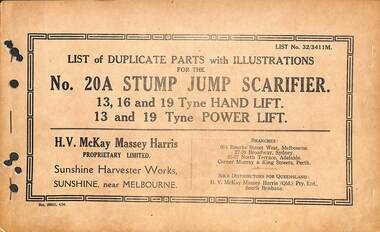 Manual - Sunshine Harvester McKay Massey Harris - List of duplicate parts with illustrations for the No 20A Stump Jump Scraifier 13. 16 & 19 Hand Lift & 13 & 19 Power