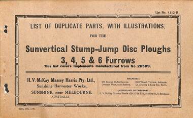 Manual - Sunshine Harvester McKay Massey Harris - List of duplicate parts with illustrations for the Sunvertical Stump Jump Disc Ploughs 3, 4, 5 & 6 Furrows