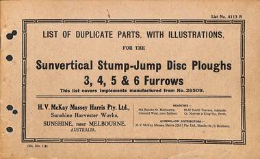 Manual - Sunshine Harvester McKay Massey Harris - List of duplicate parts with illustrations for the Sunvertical Stump Jump Disc Ploughs 3, 4, 5 & 6 Furrows