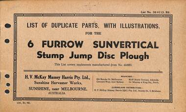 Manual - Sunshine Harvester McKay Massey Harris - List of duplicate parts with illustrations for the 6 Furrows Sussnvertical Stump Jump Disc Plough