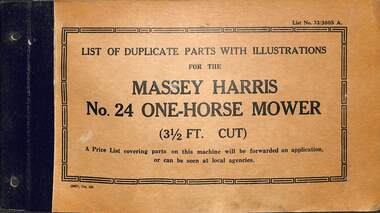 Manual - Sunshine Harvester McKay Massey Harris - List of duplicate parts with illustrations for the Harris Harris No 24 One Horse Mower 3.5 Ft Cut