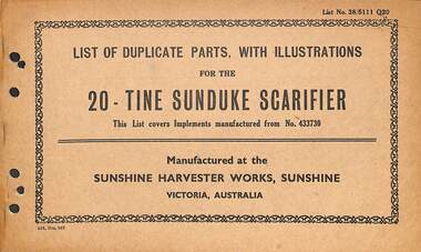Manual - Sunshine Harvester McKay Massey Harris - List of duplicate parts with illustrations for the 20 Tune Sunduke Scarifier
