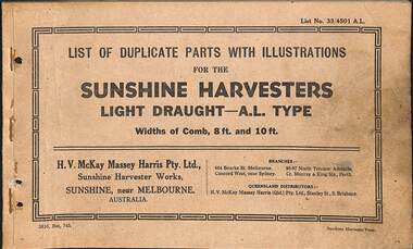 Manual - Sunshine Harvester McKay Massey Harris - List of duplicate parts with illustrations for the Sunshine Harvesters Light Draught AL Type Width Of Comb 8 & 10 Ft