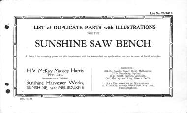 Manual - Sunshine Harvester McKay Massey Harris - List of duplicate parts with illustrations for the Sunshine Saw Bench
