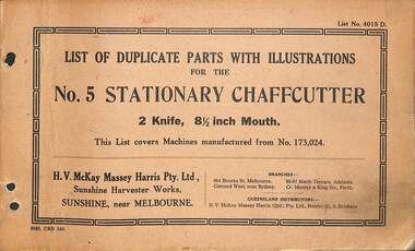 Manual - Sunshine Harvester McKay Massey Harris - List of duplicate parts with illustrations for the No 5 Stationary Chaffcutter 2 Knife 8.5 Inch Mouth