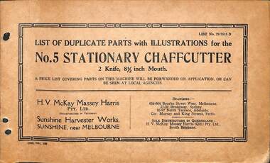 Manual - Sunshine Harvester McKay Massey Harris - List of duplicate parts with illustrations for the No 5 Stationary Chaffcutter 2 Knife 8.5 Inch Mouth