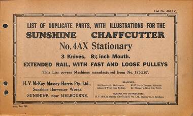 Manual - Sunshine Harvester McKay Massey Harris - List of duplicate parts with illustrations for the Sunshine Chaffcutter No 4AX Stationary Extended Rail