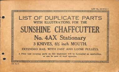 Manual - Sunshine Harvester McKay Massey Harris - List of duplicate parts with illustrations for the Sunshine Chaffcutter No 4AX Stationary Extended Rail