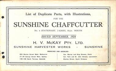 Manual - Sunshine Harvester McKay Massey Harris - List of duplicate parts with illustrations for the Sunshine Chaffcutter No 4 Stationary 2 Knife 8.5 Inch Mouth