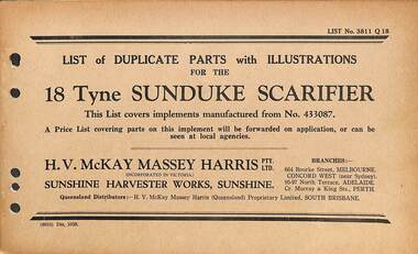 Manual - Sunshine Harvester McKay Massey Harris - List of duplicate parts with illustrations for the 18 Tyne Sunduke Scarifier