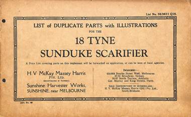Manual - Sunshine Harvester McKay Massey Harris - List of duplicate parts with illustrations for the 18 Tyne Sunduke Scarifier